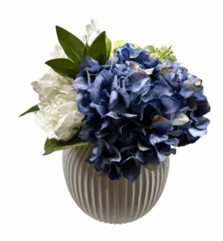 Blue & White Hydrangeas In Ribbed Planter Floral Arrangement